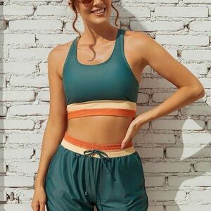 Teal Colorblock Racerback Swim top and shorts with Cream and Orange Bands